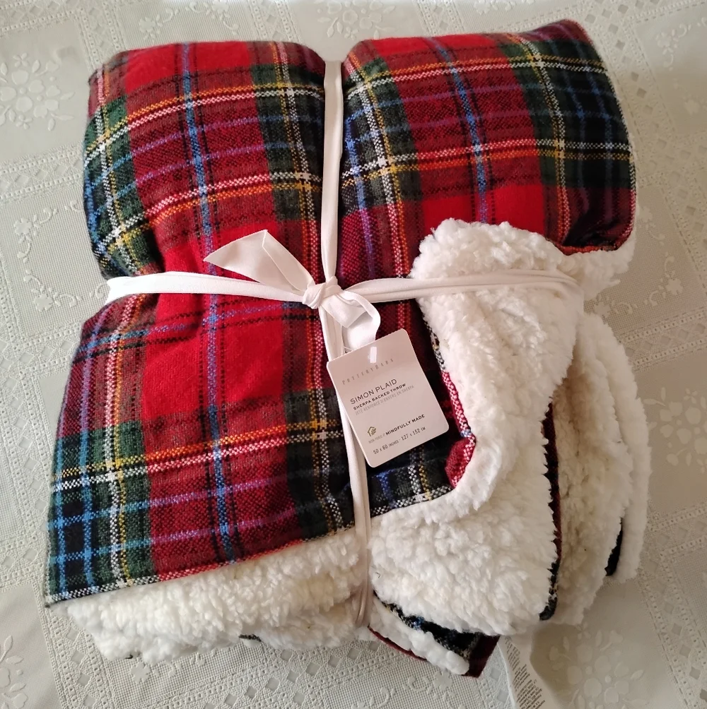 🆕 Pottery Barn Winter Simon Plaid Sherpa Throw Blanket, Red Multi, 50x60” NWT
